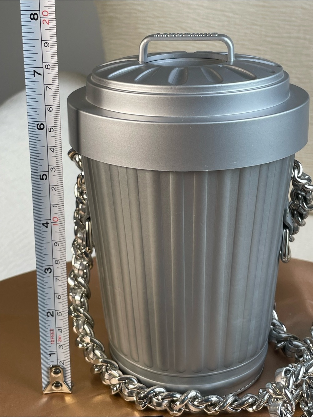 NWT Moschino Trash Can Crossbody Silver Metallic with Chunky Chain - Picture 12 of 13